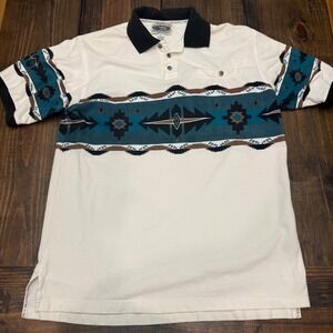 Cumberland Outfitters Mens L Southwestern Polo Shirt Cream Teal Geometric VTG